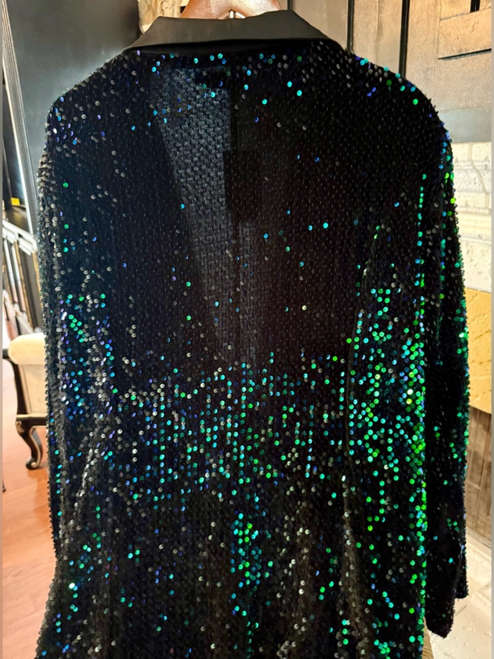NWT Black Sequin Long Sleeve Blazer Dress with Green Iridescent Accents - Picture 5 of 6